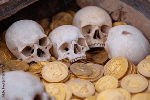 Three skulls are on top of a pile of gold coins. The scene gives off a creepy and mysterious vibe photo