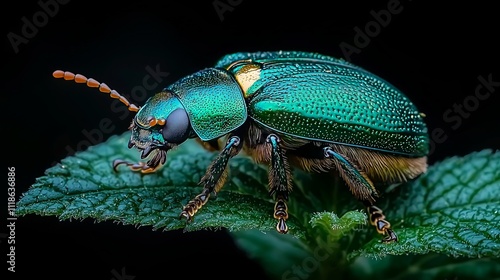 A green beetle sitting on top of a green leaf