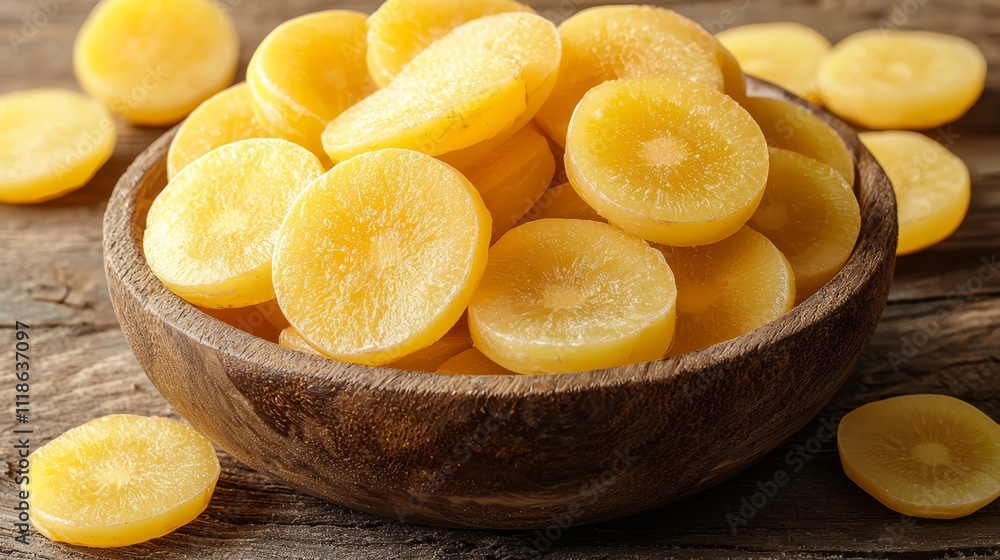 A wooden bowl filled with sliced lemons on top of a wooden table A wooden bowl filled with sliced lemons on top of a wooden table