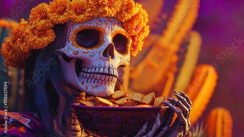 Female skull adorned with marigold wreath holding bowl with

 photo