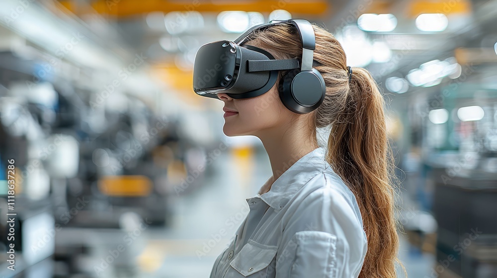 A woman wearing a virtual reality headset in a factory A woman wearing a virtual reality headset in a factory