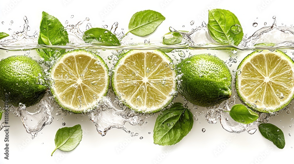 A group of limes with water splashing on them A group of limes with water splashing on them