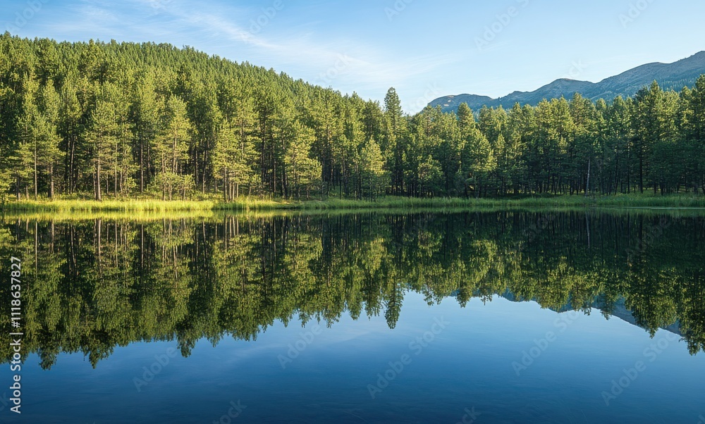 Serene Reflection of Pine Trees on Calm Lake Surrounded by Lush Greenery and a Clear Blue Sky in a Picturesque Forest Landscape Serene Reflection of Pine Trees on Calm Lake Surrounded by Lush Greenery and a Clear Blue Sky in a Picturesque Forest Landscape