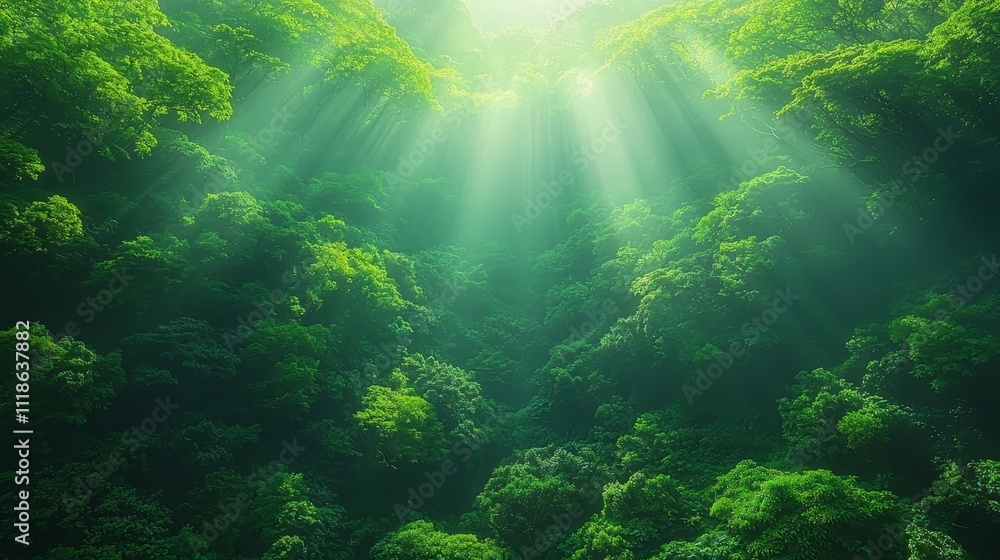 A green forest with sunbeams shining through the trees A green forest with sunbeams shining through the trees