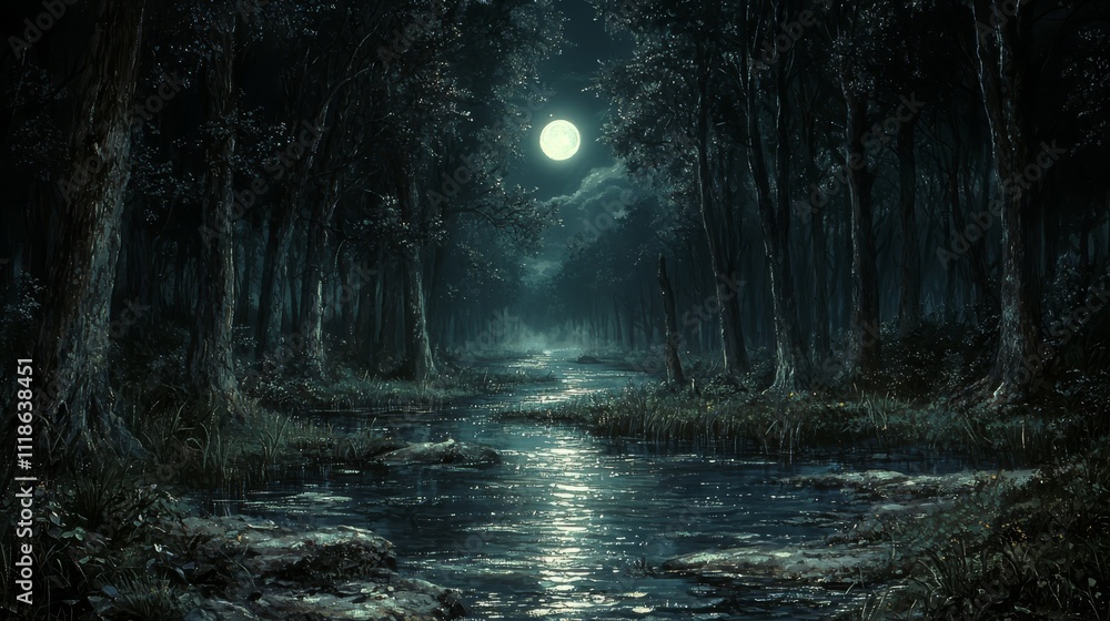 Fototapeta premium A dark forest with a full moon in the sky
