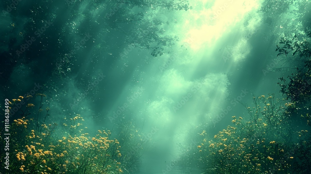 Obraz premium A forest filled with lots of green and yellow flowers