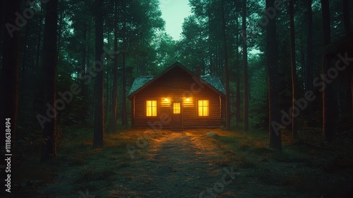 A small cabin in the middle of a forest at night