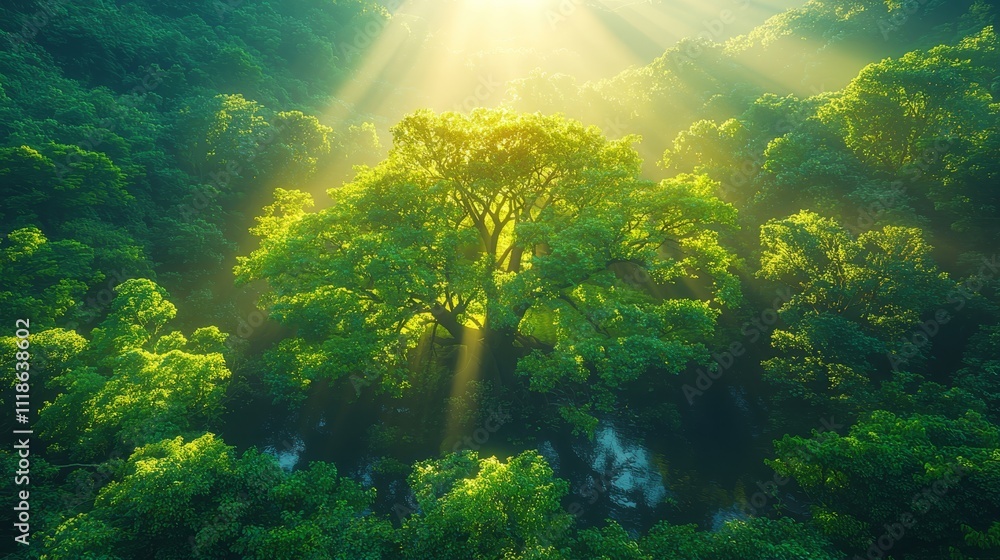 A large tree in the middle of a lush green forest