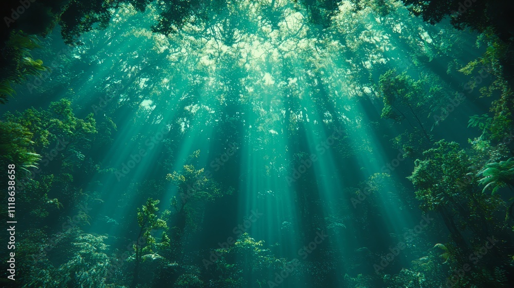 Obraz premium The sunbeams are shining through the trees in the forest