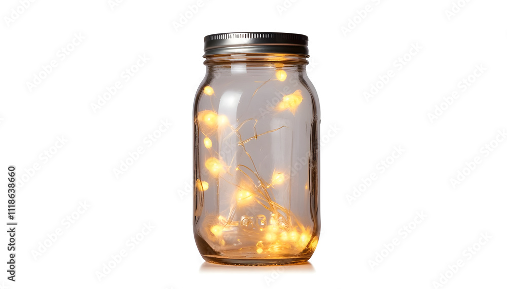 Mason Jar Filled with Softly Glowing Fireflies, Creating a Magical and Nostalgic Atmosphere, Isolated on White Background Mason Jar Filled with Softly Glowing Fireflies, Creating a Magical and Nostalgic Atmosphere, Isolated on White Background