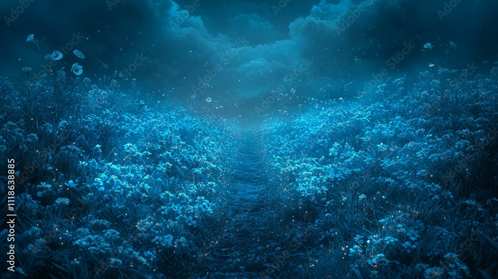 Fototapeta premium A field of blue flowers under a cloudy sky