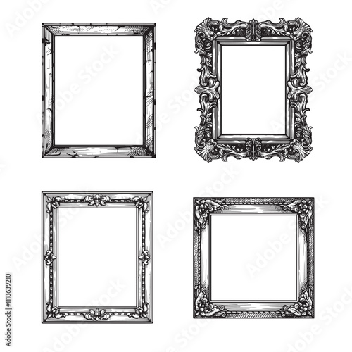 Hand drawn sketch style vintage picture frames set. Square baroque Victorian borders. Vector illustrations isolated on white.