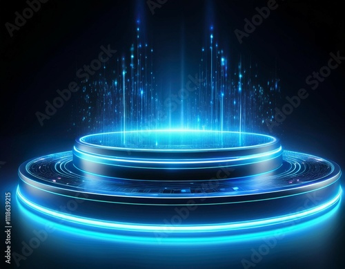 hologram effect of circle digital portals with blue neon light futuristic podiums and teleport platforms with glow and sparkles isolated on black photo