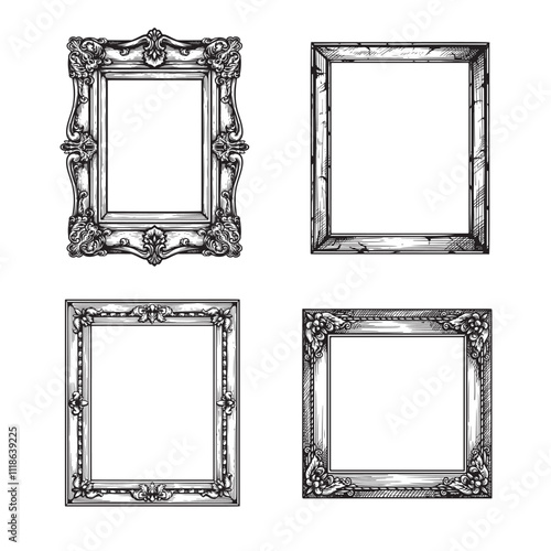 Hand drawn sketch style vintage picture frames set. Square baroque Victorian borders. Vector illustrations isolated on white.