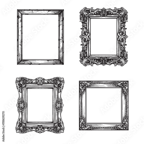 Hand drawn sketch style vintage picture frames set. Square baroque Victorian borders. Vector illustrations isolated on white.