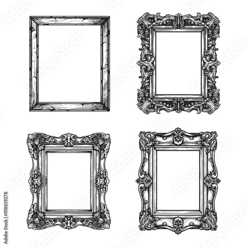 Hand drawn sketch style vintage picture frames set. Square baroque Victorian borders. Vector illustrations isolated on white.