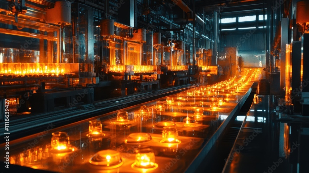 Molten glass moves along a conveyor belt in a glass factory. Molten glass moves along a conveyor belt in a glass factory.