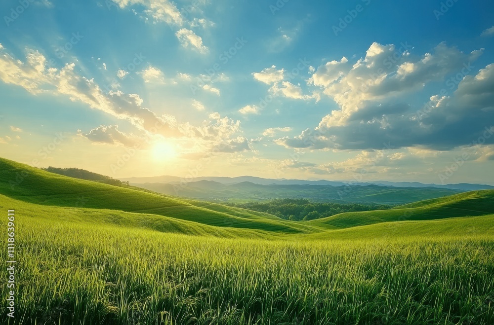 Fototapeta premium Serene Sunrise Over Rolling Green Hills with Lush Grassy Fields and Beautiful Blue Sky Illuminated by Golden Sunlight in a Peaceful Natural Landscape