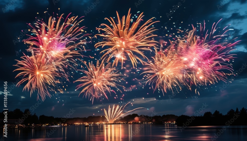Vibrant fireworks display over tranquil lake with copy space Vibrant fireworks display over tranquil lake with copy space