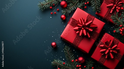 A group of red gift boxes with bows and ribbons on a dark blue background