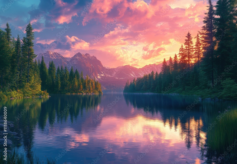 Serene Sunset Over a Tranquil Lake Surrounded by Majestic Mountains and Lush Green Forests, Capturing Nature's Beauty and Calmness in Vibrant Colors Serene Sunset Over a Tranquil Lake Surrounded by Majestic Mountains and Lush Green Forests, Capturing Nature's Beauty and Calmness in Vibrant Colors