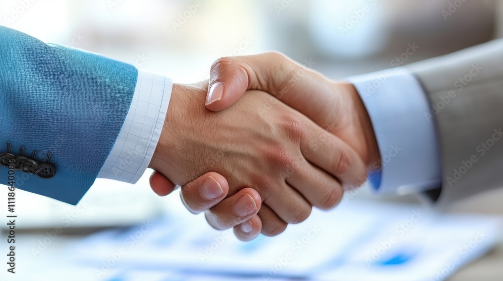 Close-up of a firm handshake between two business partners, emphasizing collaboration and trust Close-up of a firm handshake between two business partners, emphasizing collaboration and trust