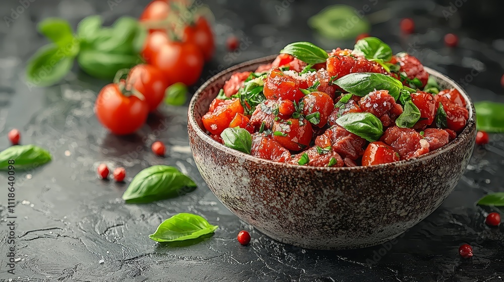 A bowl of tomato salad with basil and pomegranate seeds A bowl of tomato salad with basil and pomegranate seeds