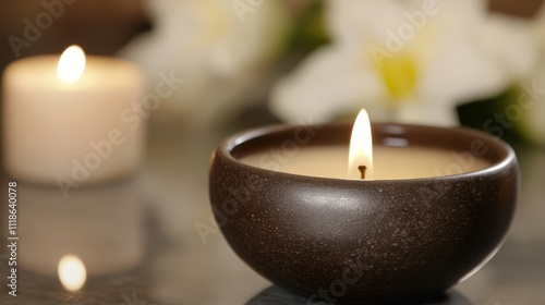 A candle is lit in a bowl on a table