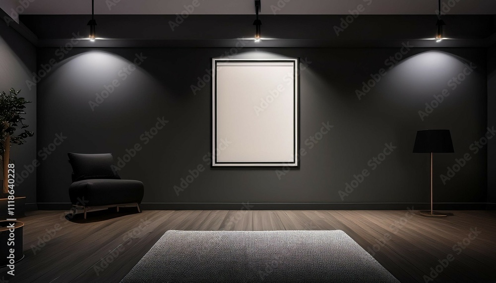 a dimly lit room with sparse furnishings and a blank wall serves as backdrop for a stock photo mockup a dimly lit room with sparse furnishings and a blank wall serves as backdrop for a stock photo mockup