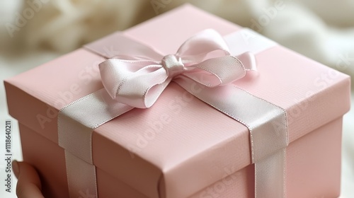 A person holding a pink gift box with a white ribbon and bow