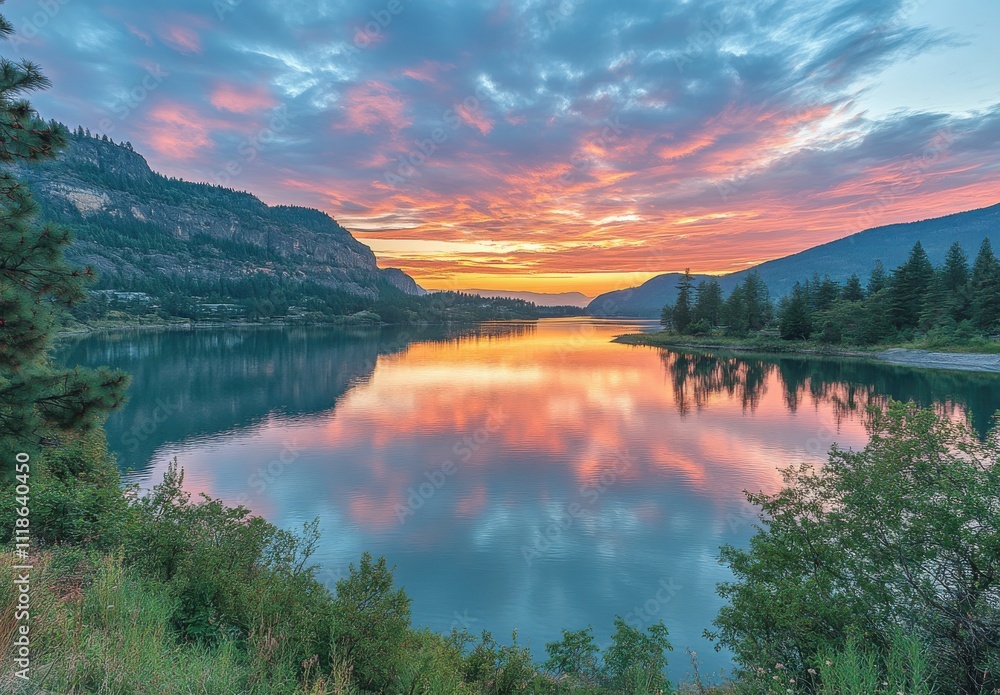 Serene Sunset Over Calm Waters with Reflective Skies and Lush Greenery on the Shoreline Near Majestic Mountains in a Tranquil Landscape Serene Sunset Over Calm Waters with Reflective Skies and Lush Greenery on the Shoreline Near Majestic Mountains in a Tranquil Landscape