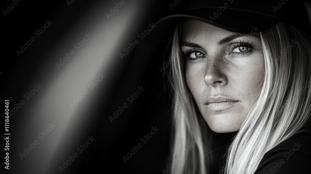A black and white photo of a woman wearing a baseball cap A black and white photo of a woman wearing a baseball cap