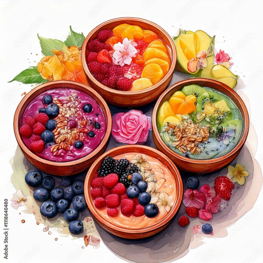 Watercolor smoothie bowls with vibrant fruits, nuts, and flowers Watercolor smoothie bowls with vibrant fruits, nuts, and flowers
