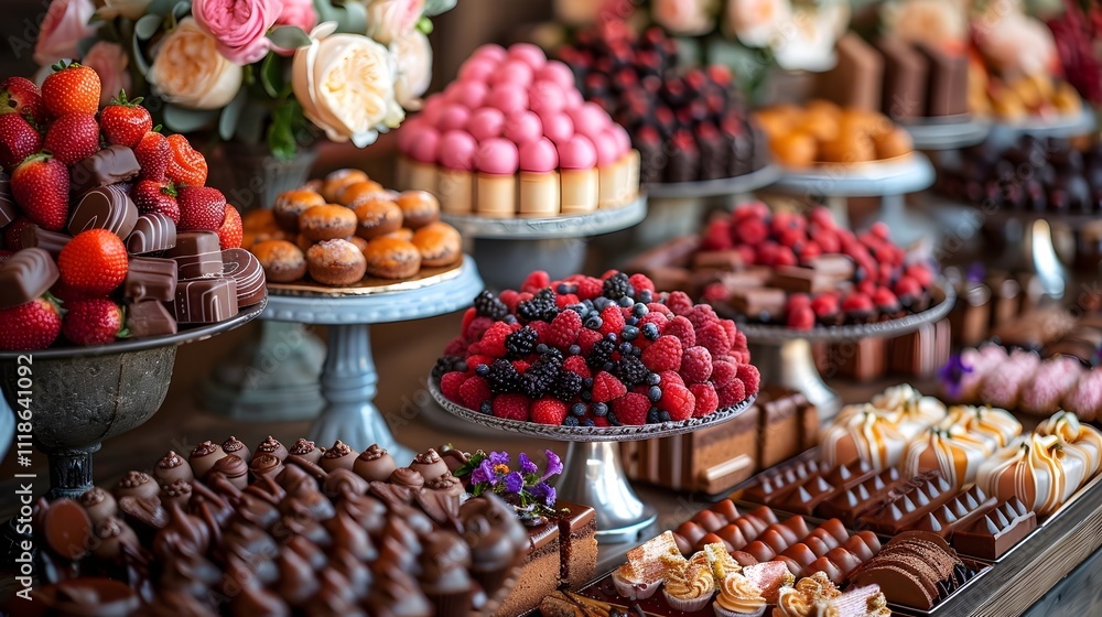 Elegant Dessert Buffet Featuring a Luxurious Selection of Assorted Chocolates and Fresh Berries Perfect for Celebrations and Events Elegant Dessert Buffet Featuring a Luxurious Selection of Assorted Chocolates and Fresh Berries Perfect for Celebrations and Events