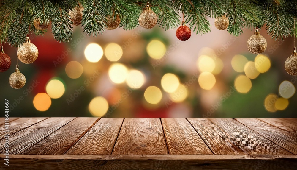 a christmas themed background adorns an empty wooden table in a stock photo a christmas themed background adorns an empty wooden table in a stock photo