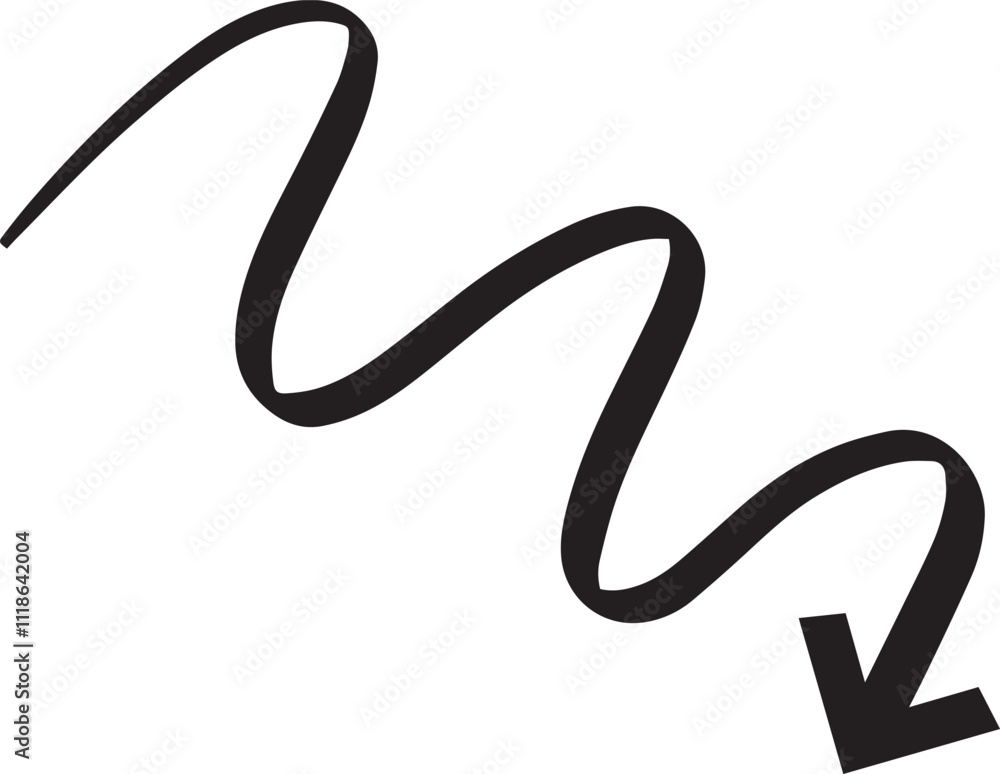 Fototapeta premium Continuous, hand drawn wavy arrow pointing downward, creating a dynamic and sketchy visual element with a bold, black outline against a clean white background