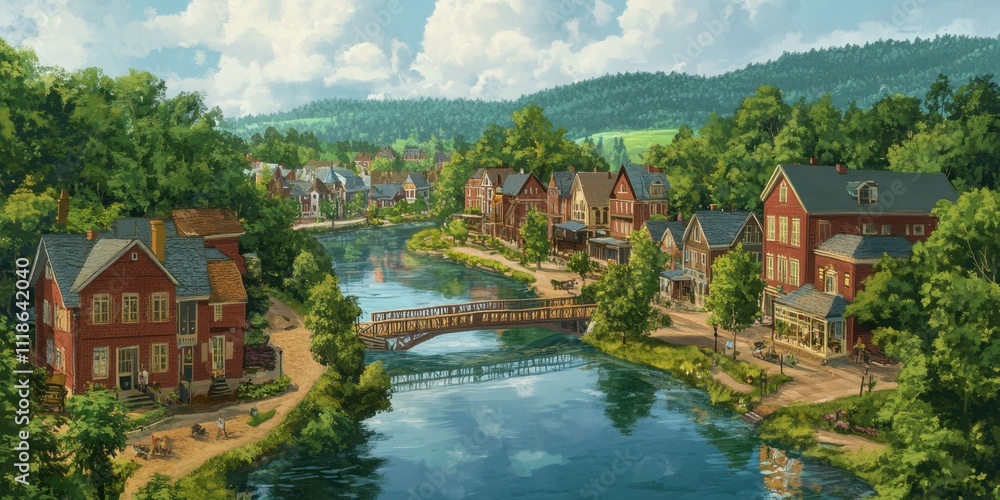 Aerial view of serene river townscape Aerial view of serene river townscape