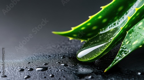 Fresh aloe vera leaves with gel droplets on dark surface.