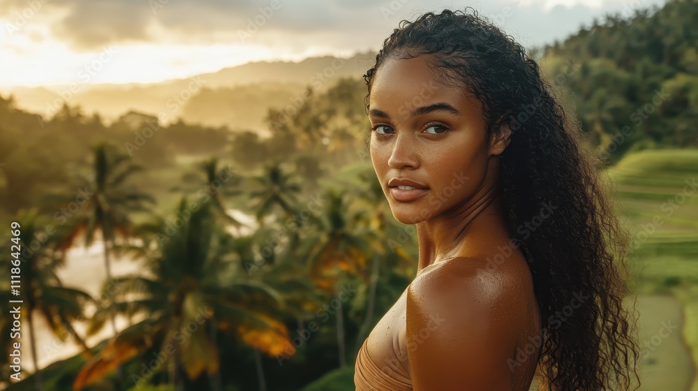 Woman with long curly hair, tropical scenery. Woman with long curly hair, tropical scenery.