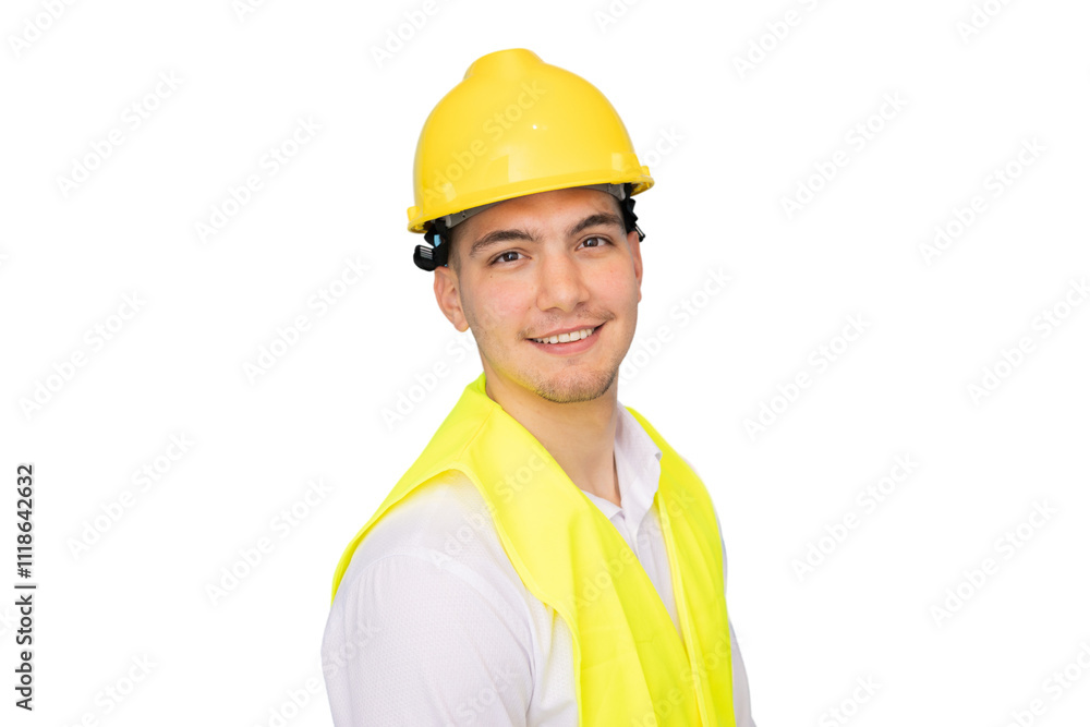 Young male architect engineer wearing safety helmet and vest Young male architect engineer wearing safety helmet and vest