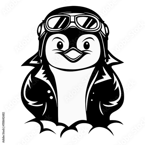 Cool Penguin Pilot Vector : A charming penguin pilot in a leather jacket and goggles, perched above the clouds, embodies adventure, coolness, and a touch of whimsy. 