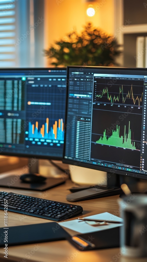 Financial Charts on Dual Monitors: A close-up of two computer monitors displaying financial charts, with a keyboard and other office supplies on the desk. The image depicts a modern office setting. Financial Charts on Dual Monitors: A close-up of two computer monitors displaying financial charts, with a keyboard and other office supplies on the desk. The image depicts a modern office setting.