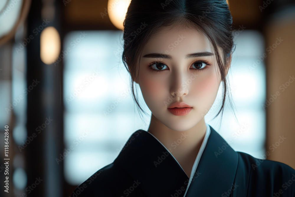 伝統的な和服を身にまとった女性が静かに微笑む瞬間を捉えた美しい姿 伝統的な和服を身にまとった女性が静かに微笑む瞬間を捉えた美しい姿