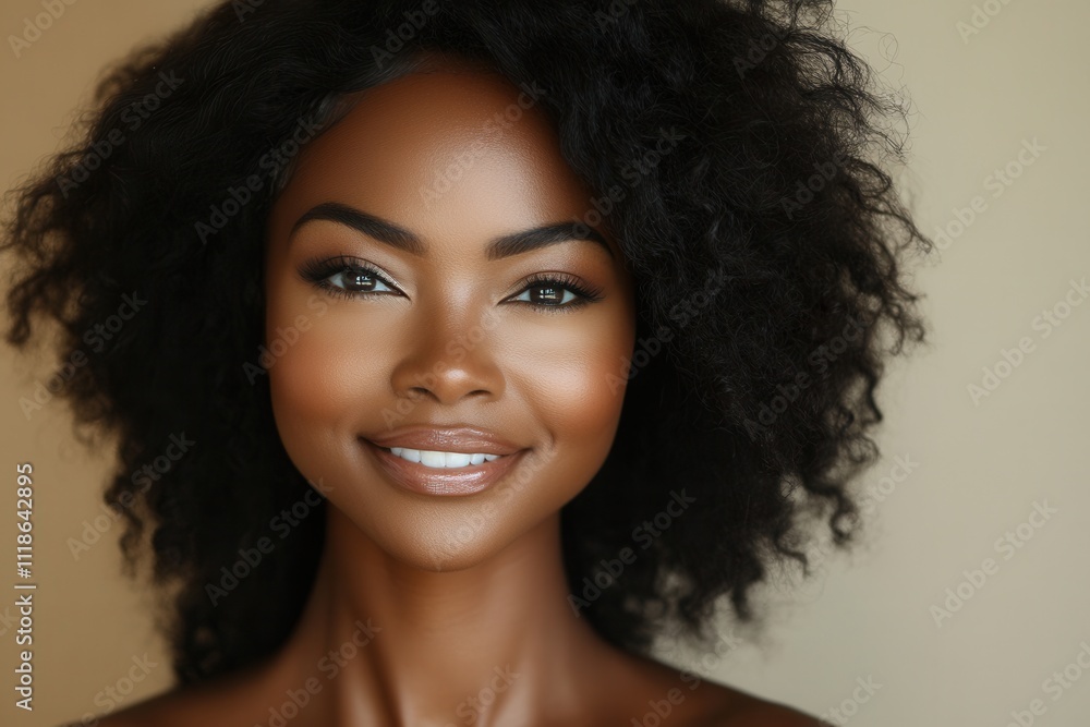 Elegant woman with natural curly hair smiles warmly, showcasing her radiant skin and confident expression in a soft, neutral-toned setting during daylight Elegant woman with natural curly hair smiles warmly, showcasing her radiant skin and confident expression in a soft, neutral-toned setting during daylight