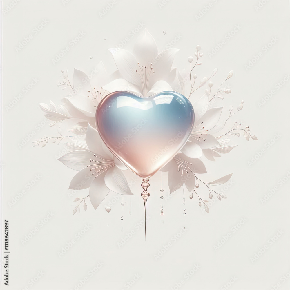 Valentine's Day illustration in the shape of a glass heart with pastel flowers and leaves. The overall color palette is soft and soothing, featuring shades of gold, white, blue, pink, beige Valentine's Day illustration in the shape of a glass heart with pastel flowers and leaves. The overall color palette is soft and soothing, featuring shades of gold, white, blue, pink, beige