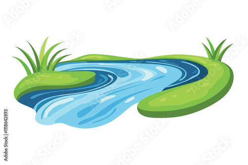 Water Resources with Pond and Narrow Stream Among Banks of Channel Vector Illustration