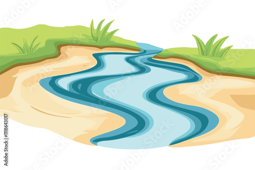 Water Resources with Pond and Narrow Stream Among Banks of Channel Vector Illustration