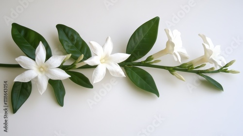 Fresh, elegant jasmine flowers and leaves on a stem.