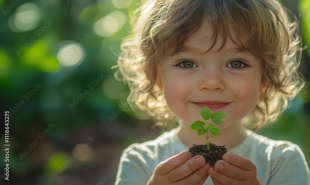 Smiling Child Holding Tiny Plant Sprout in Hands, Representing Nature, Growth, and Environmental Awareness in Beautiful Soft Focused Background Smiling Child Holding Tiny Plant Sprout in Hands, Representing Nature, Growth, and Environmental Awareness in Beautiful Soft Focused Background