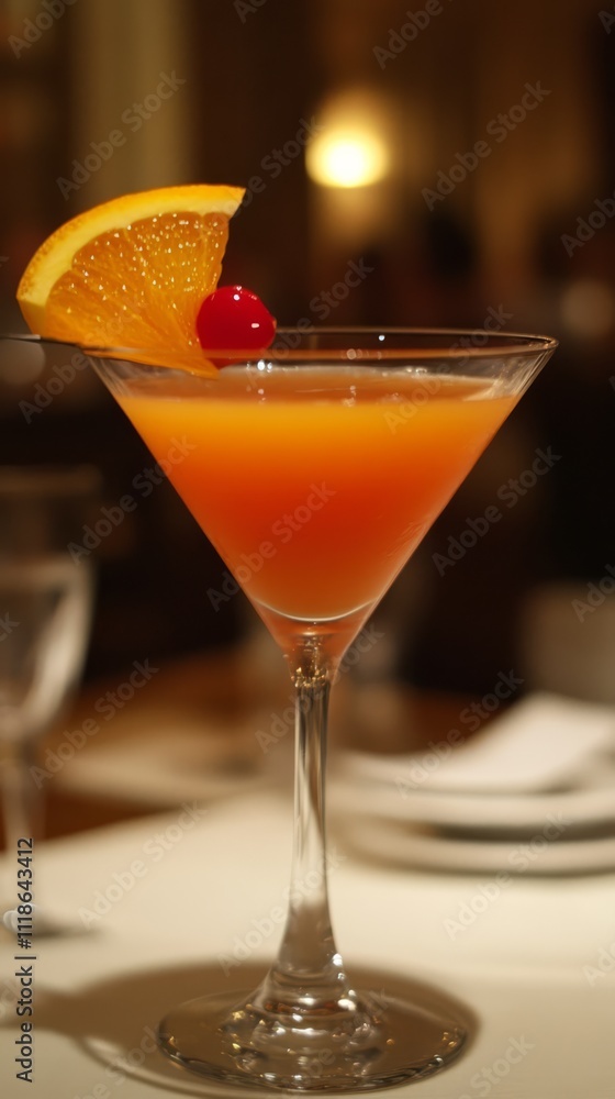 Sunset Martini: A vibrant, tempting Tequila Sunrise cocktail in a martini glass, garnished with an orange slice and cherry. Perfect for menus, websites, or articles about mixology and upscale dining. Sunset Martini: A vibrant, tempting Tequila Sunrise cocktail in a martini glass, garnished with an orange slice and cherry. Perfect for menus, websites, or articles about mixology and upscale dining.